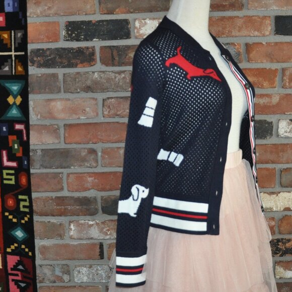 THOM BROWNE Pointelle Hector Bow Navy Wool Cardigan Intarsia-knit Sweater S - Picture 11 of 16